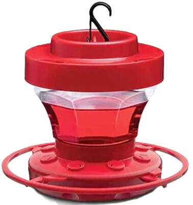 Hummingbird feeder with ant moat, wide opening for easy cleaning, leak resistant, and includes a hook for hanging.